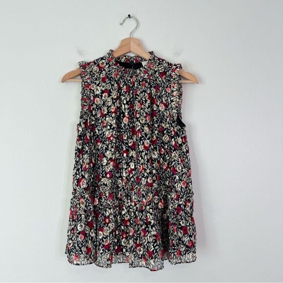 Kate Spade Floral Park Clip Dot Metallic Silk Blouse Top Sz XS Sleeveless - Picture 4 of 11